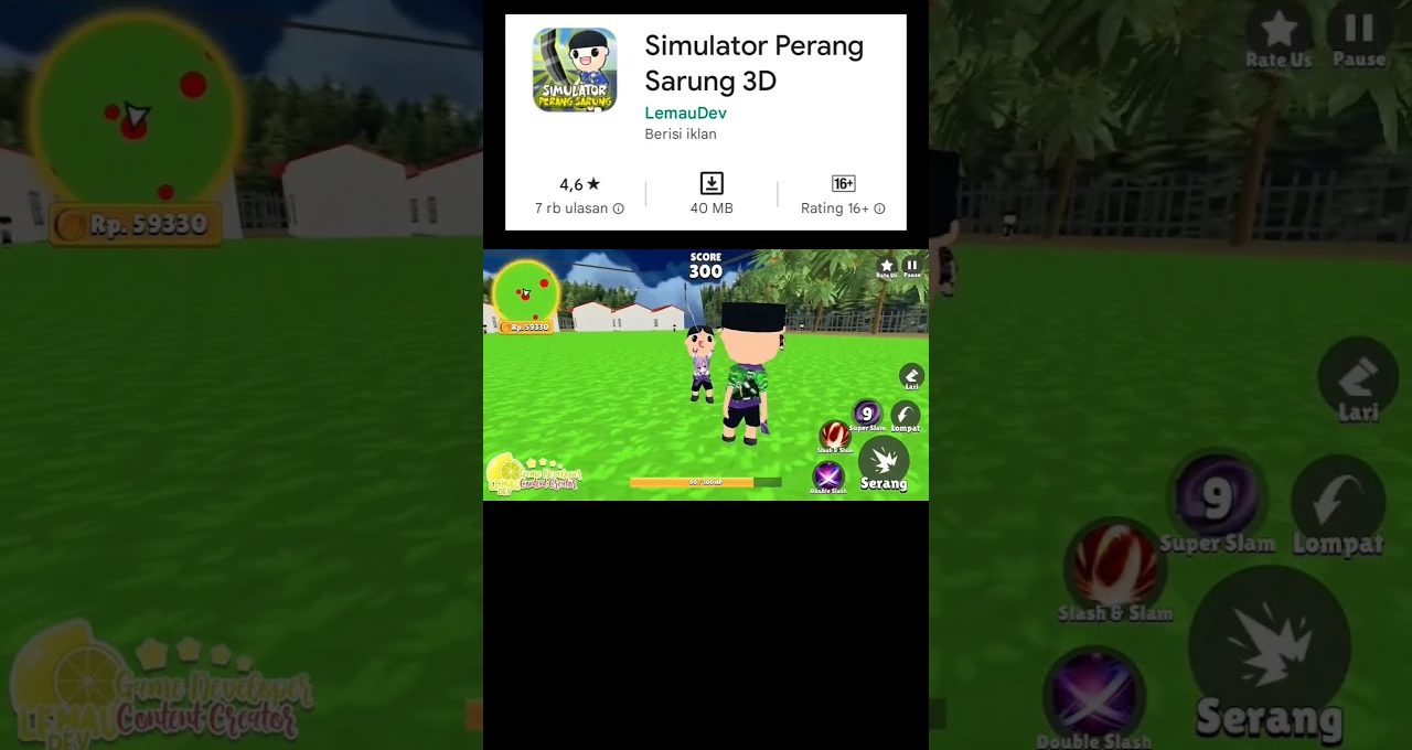 Cartoon game screenshot showing two characters in a grassy arena with action buttons