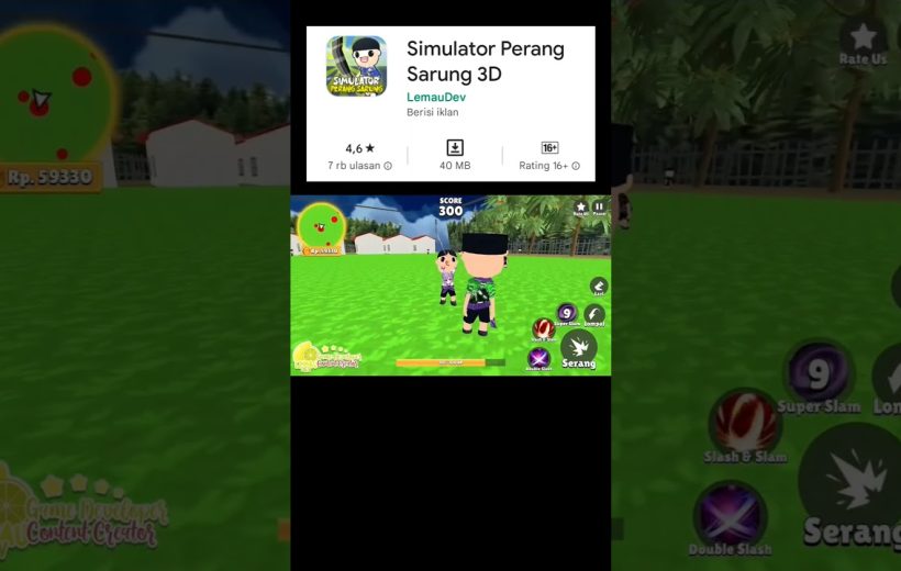 Cartoon game screenshot showing two characters in a grassy arena with action buttons
