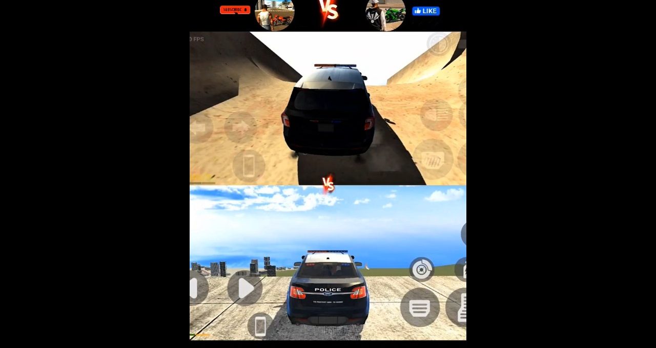 Split-screen game showing two police SUVs driving different terrain in third-person view