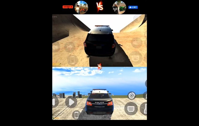 Split-screen game showing two police SUVs driving different terrain in third-person view
