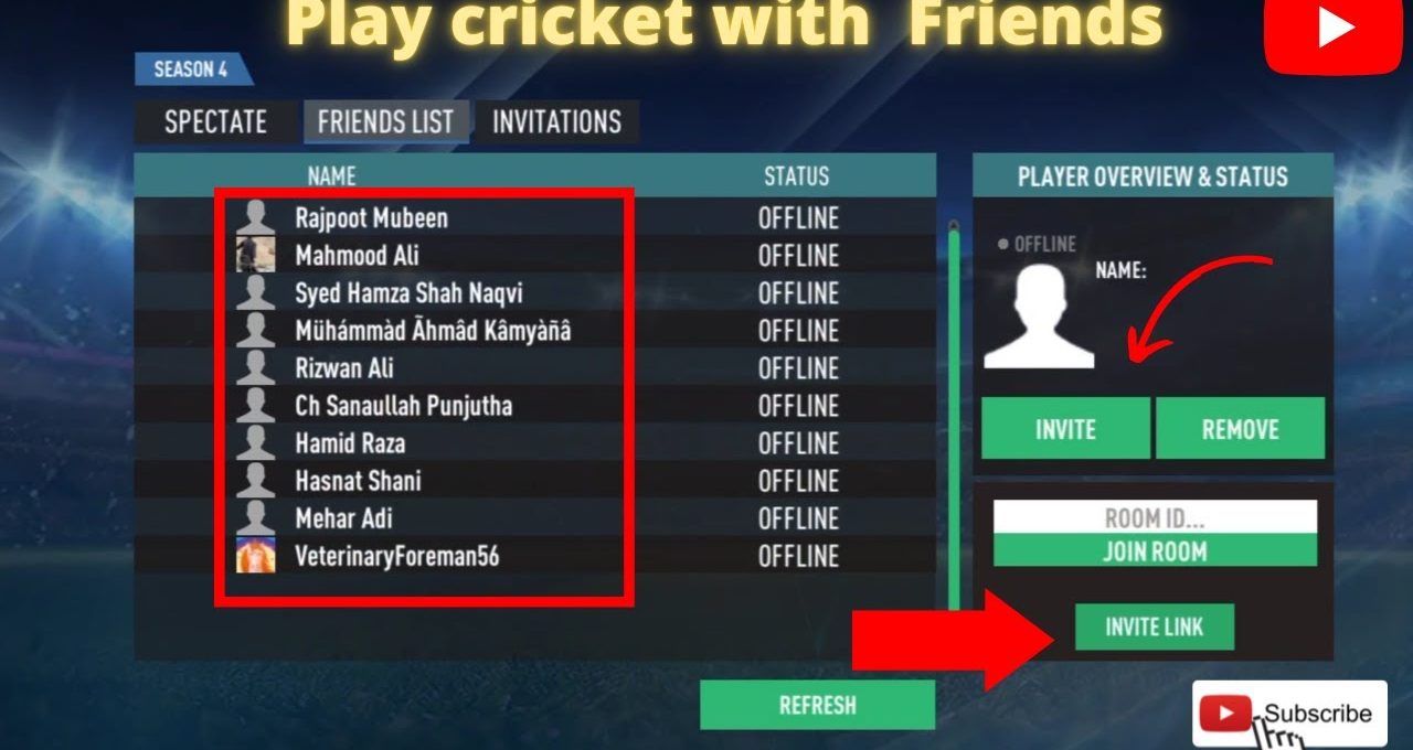 Game friends list screen showing offline players and invite options for cricket game