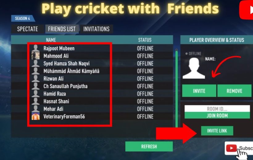 Game friends list screen showing offline players and invite options for cricket game