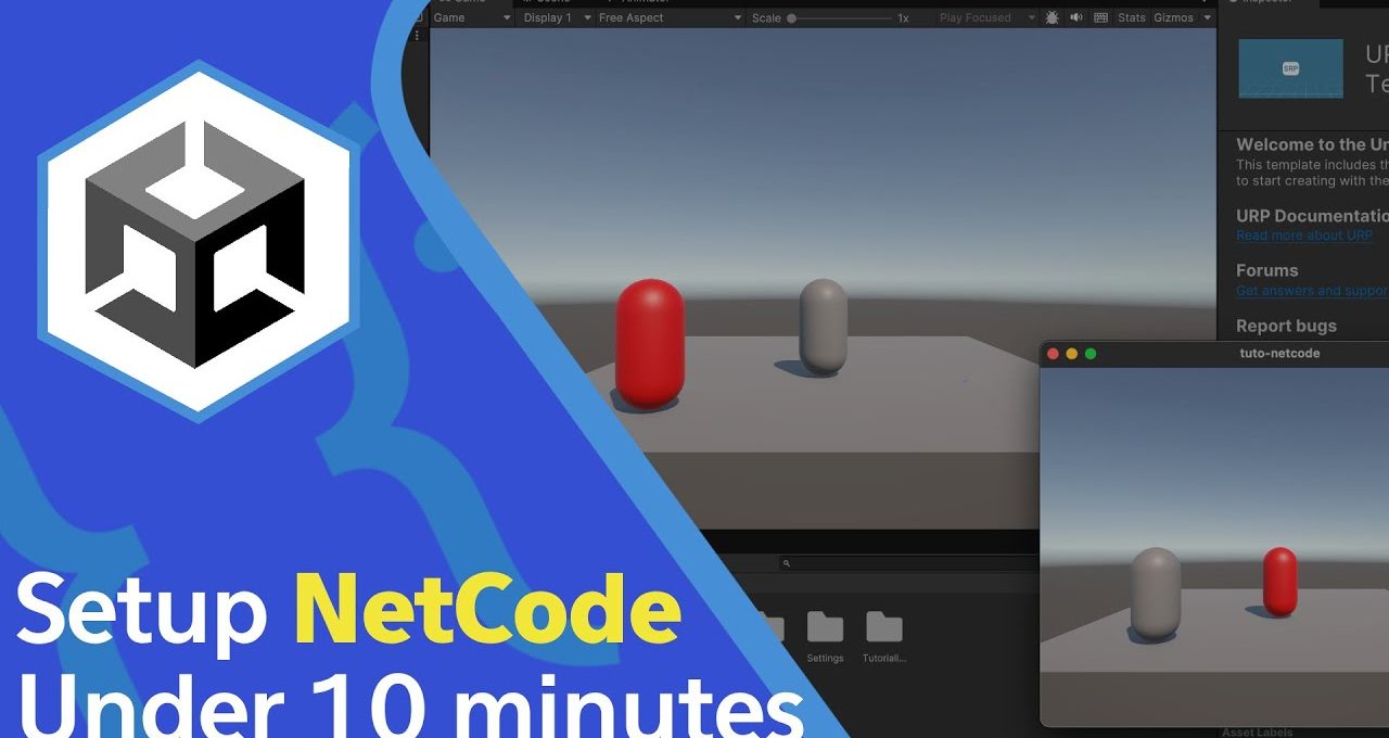 Unity editor screenshot showing two capsule objects on a simple platform with NetCode text