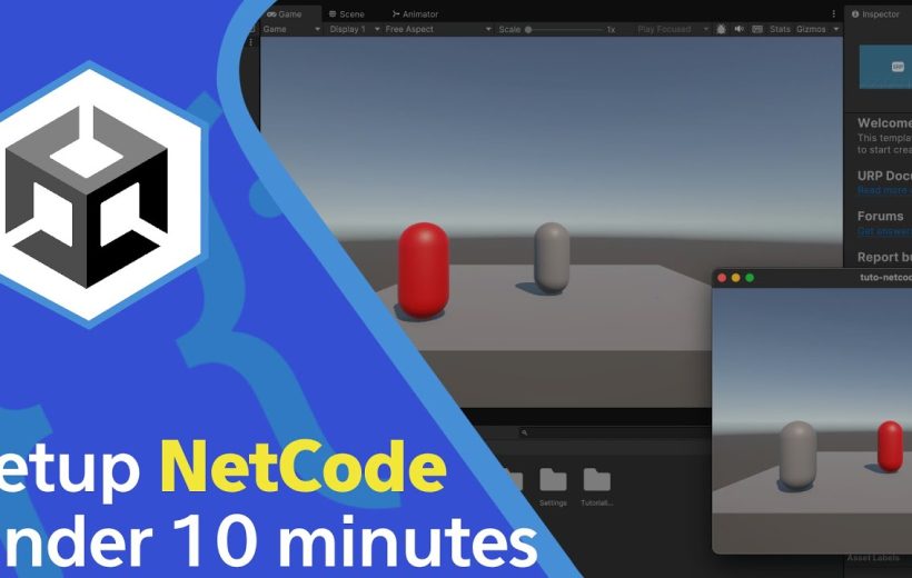 Unity editor screenshot showing two capsule objects on a simple platform with NetCode text