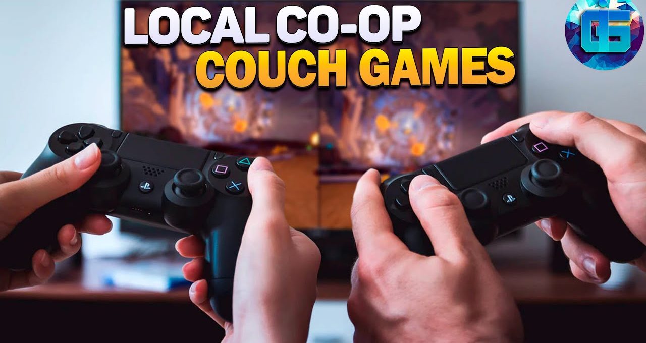 Two people holding PlayStation controllers playing local co-op couch games on TV.