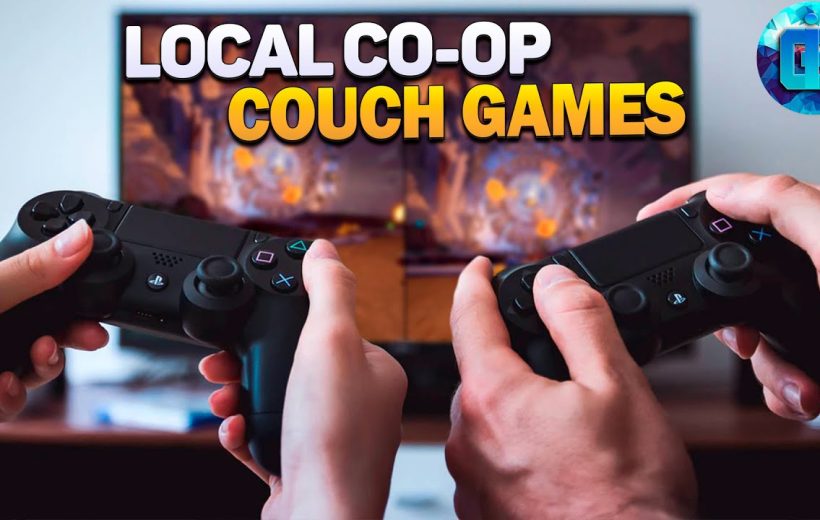 Two people holding PlayStation controllers playing local co-op couch games on TV.