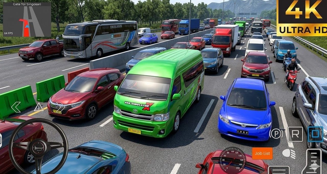 Busy multi-lane highway traffic jam with colorful cars, vans, buses and motorcycles