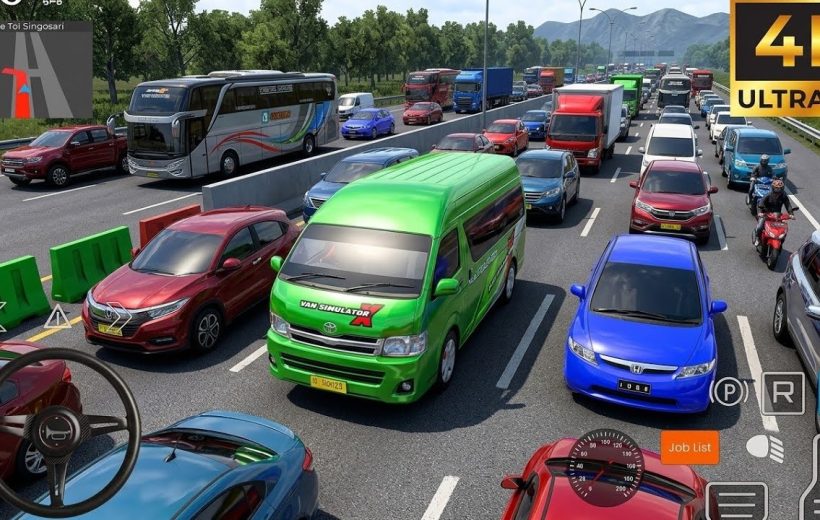 Busy multi-lane highway traffic jam with colorful cars, vans, buses and motorcycles