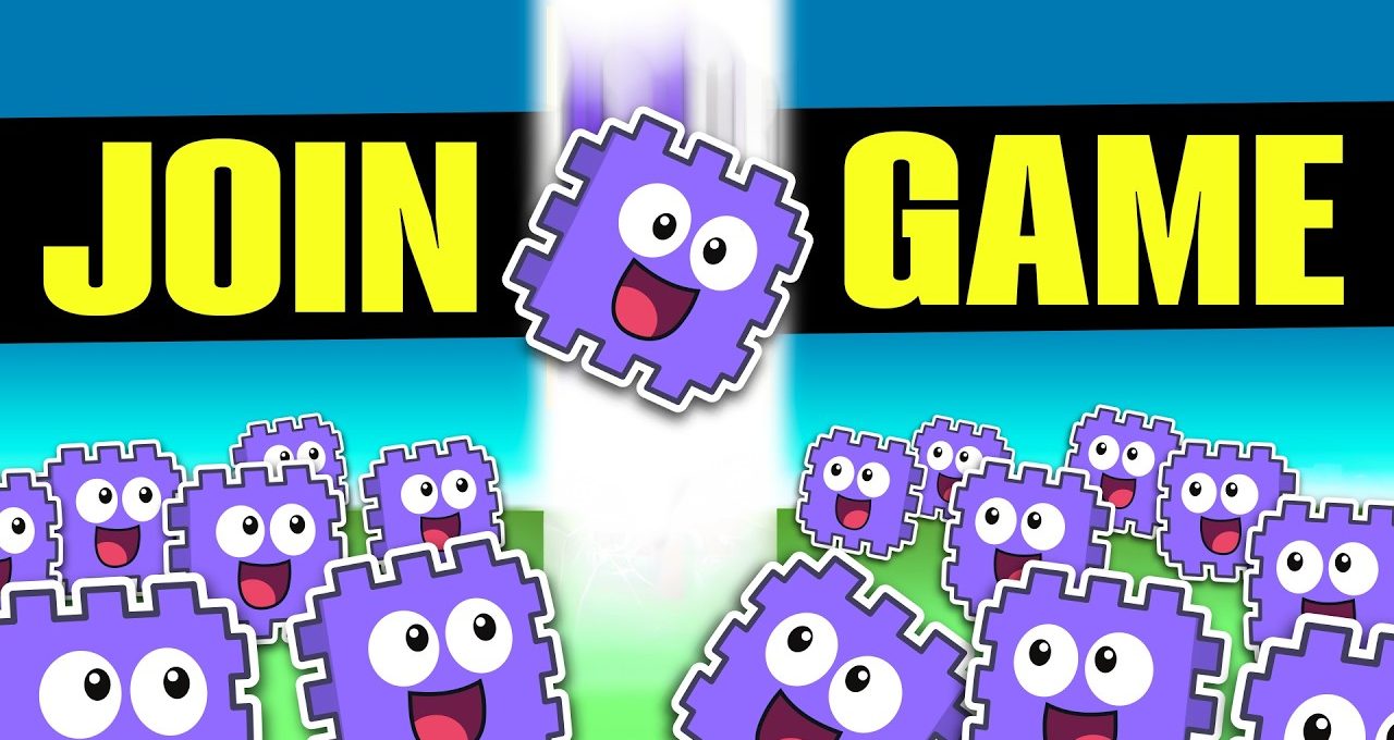 Bright purple smiling game characters crowding a field beneath bold "JOIN GAME" text