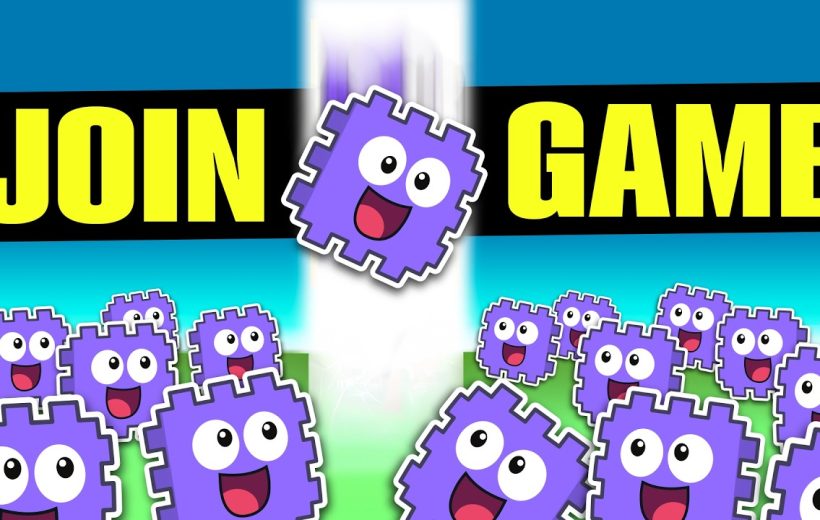 Bright purple smiling game characters crowding a field beneath bold "JOIN GAME" text