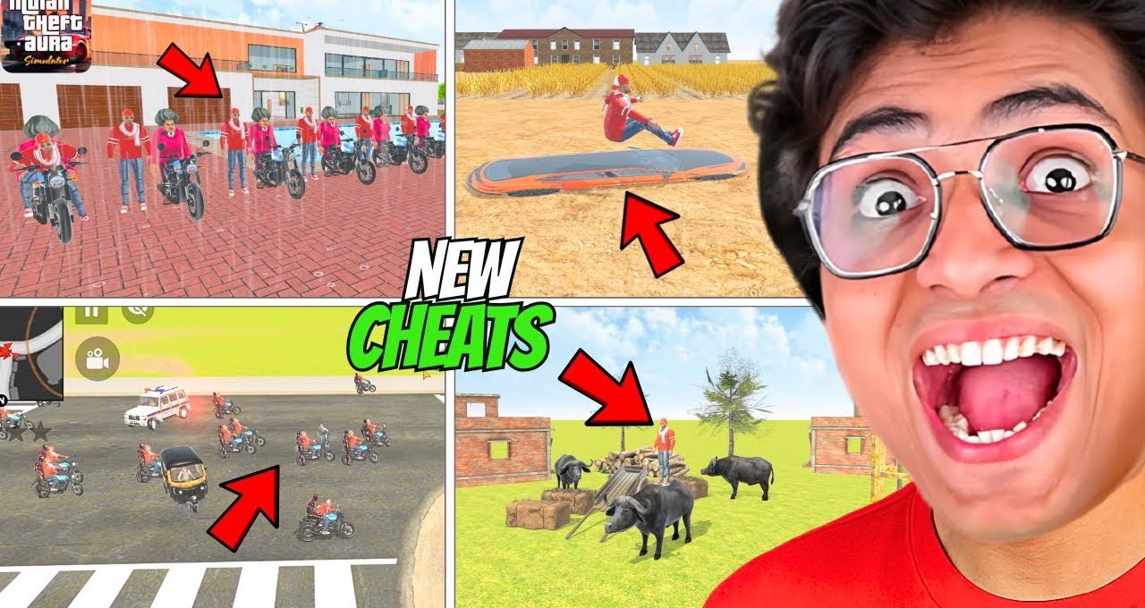 Excited gamer thumbnail showing various in-game stunts, bikes, buffaloes, and "new cheats" text
