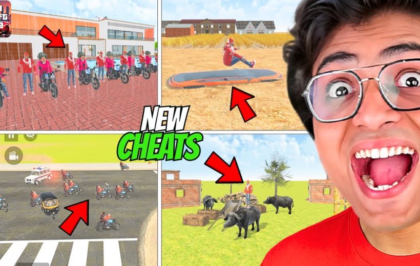 Excited gamer thumbnail showing various in-game stunts, bikes, buffaloes, and "new cheats" text