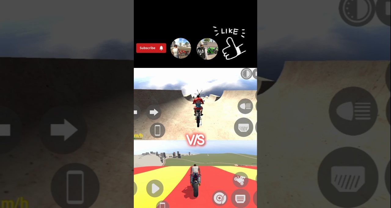 Split-screen motorcycle racing game showing two riders on dirt and colored tracks.