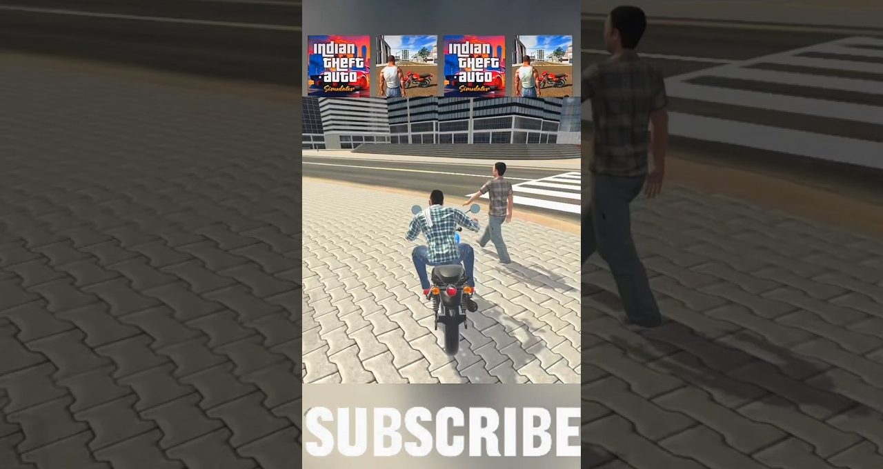 Player on motorcycle approaching a pedestrian on a city crosswalk in game scene