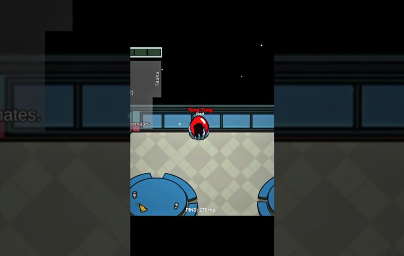 Red crewmate character standing near cafeteria tables in Among Us game lobby.