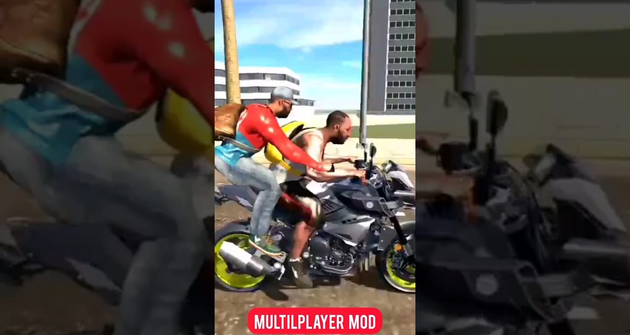 Two men riding a sport motorcycle through a city street in a game mod