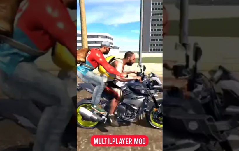 Two men riding a sport motorcycle through a city street in a game mod