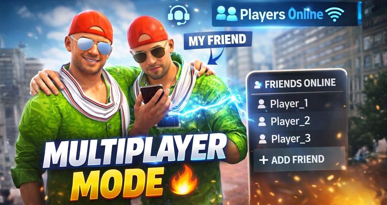 Two friends in matching outfits using a phone with multiplayer online interface visible