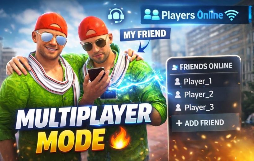 Two friends in matching outfits using a phone with multiplayer online interface visible