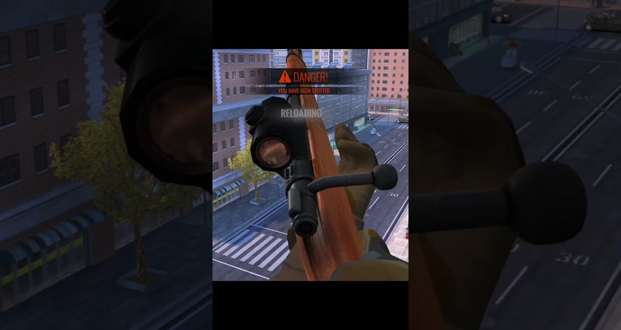 Player view aiming a scoped rifle over a city street with "Danger" warning