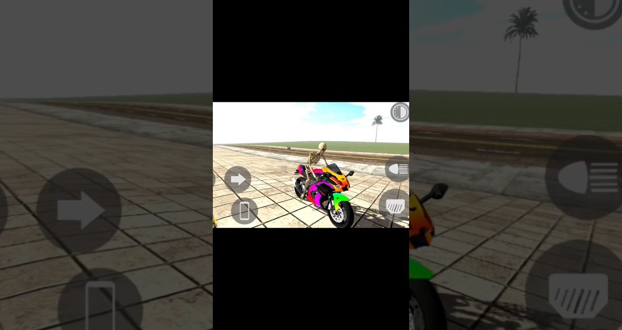 Skeleton rider sitting on a colorful sport motorcycle on a tiled open plaza