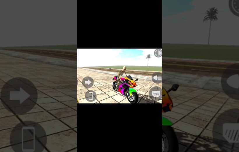 Skeleton rider sitting on a colorful sport motorcycle on a tiled open plaza