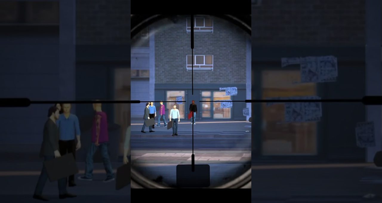 Crosshair view through a rifle scope targeting pedestrians walking on an urban sidewalk