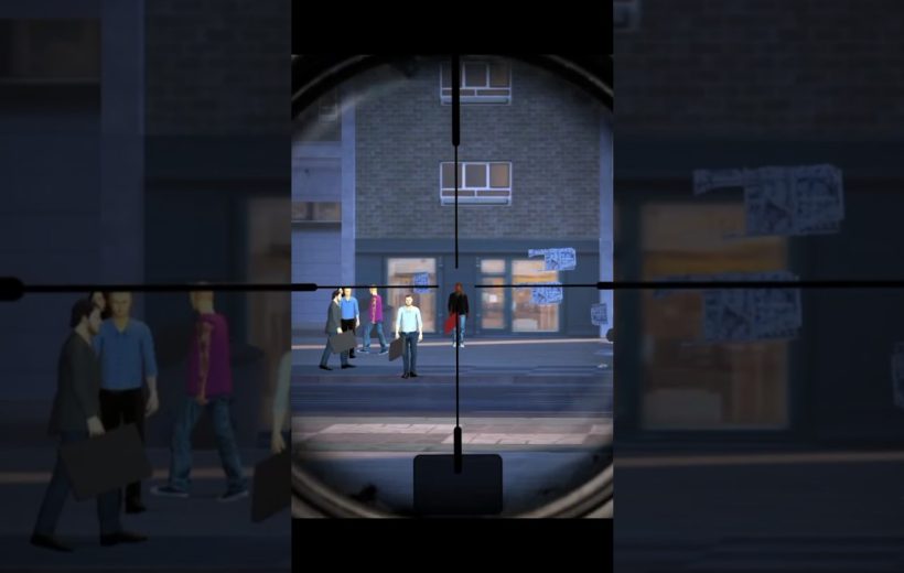 Crosshair view through a rifle scope targeting pedestrians walking on an urban sidewalk