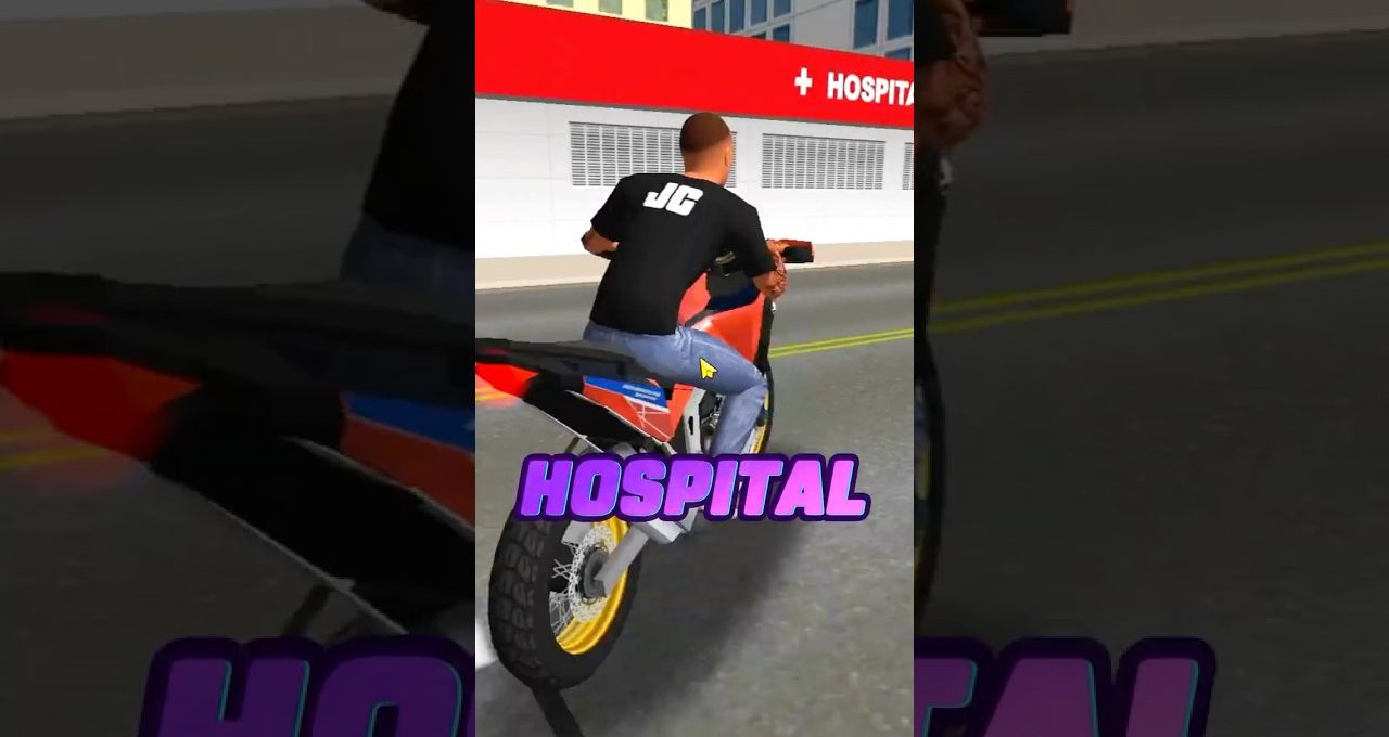 Man riding a sport motorcycle past a hospital building with purple "HOSPITAL" text