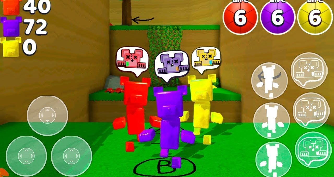Three colorful blocky characters (red, purple, yellow) standing in a game HUD scene