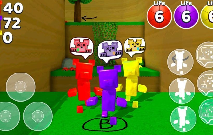Three colorful blocky characters (red, purple, yellow) standing in a game HUD scene