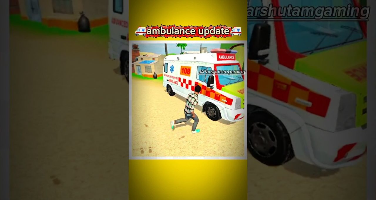Man running toward a white and red ambulance labeled 108 in sandy village scene