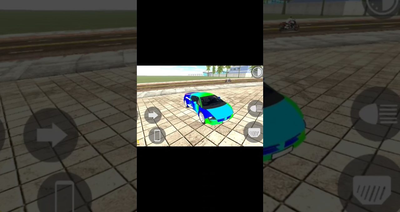 Bright blue and green sports car parked on tiled plaza in driving game interface