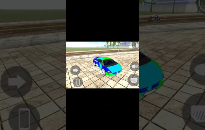 Bright blue and green sports car parked on tiled plaza in driving game interface
