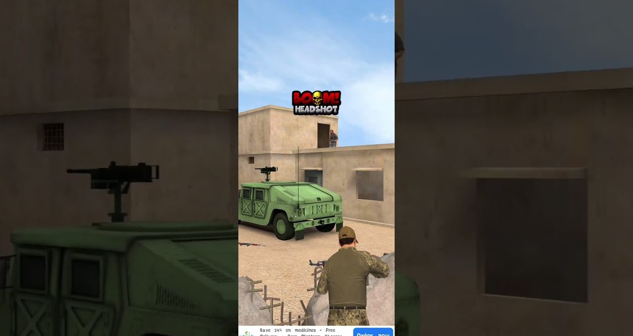 Soldier aiming rifle at rooftop enemy near a green military vehicle in courtyard