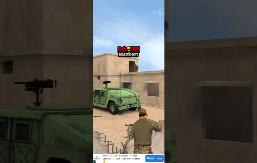 Soldier aiming rifle at rooftop enemy near a green military vehicle in courtyard