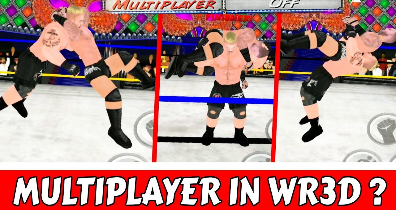 Three-panel wrestling game screenshot showing a wrestler performing a lifting slam move.