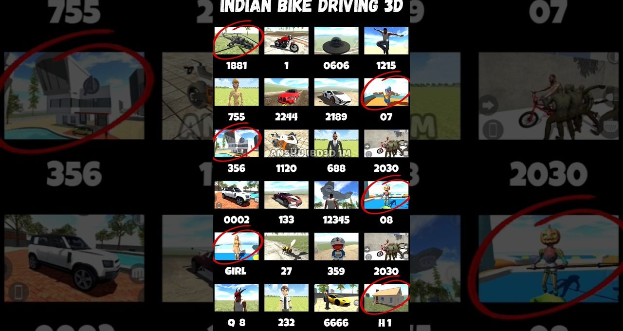 Grid of small game thumbnails titled "Indian Bike Driving 3D" with red circles highlighting some tiles