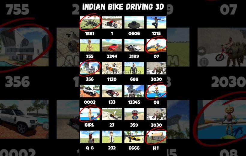 Grid of small game thumbnails titled "Indian Bike Driving 3D" with red circles highlighting some tiles