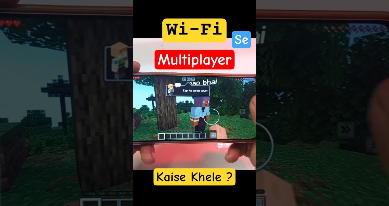 Hands holding a phone showing Minecraft Wi‑Fi multiplayer screen with in-game character chat