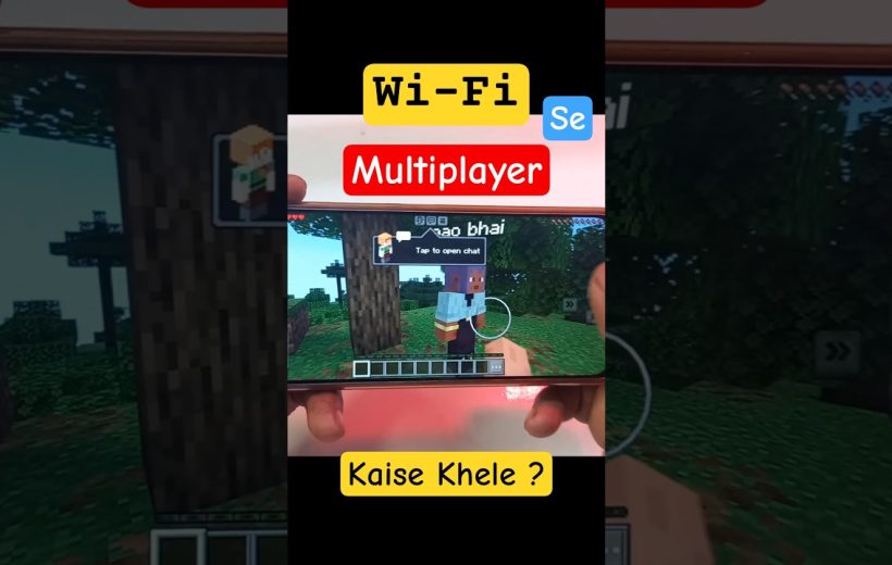 Hands holding a phone showing Minecraft Wi‑Fi multiplayer screen with in-game character chat