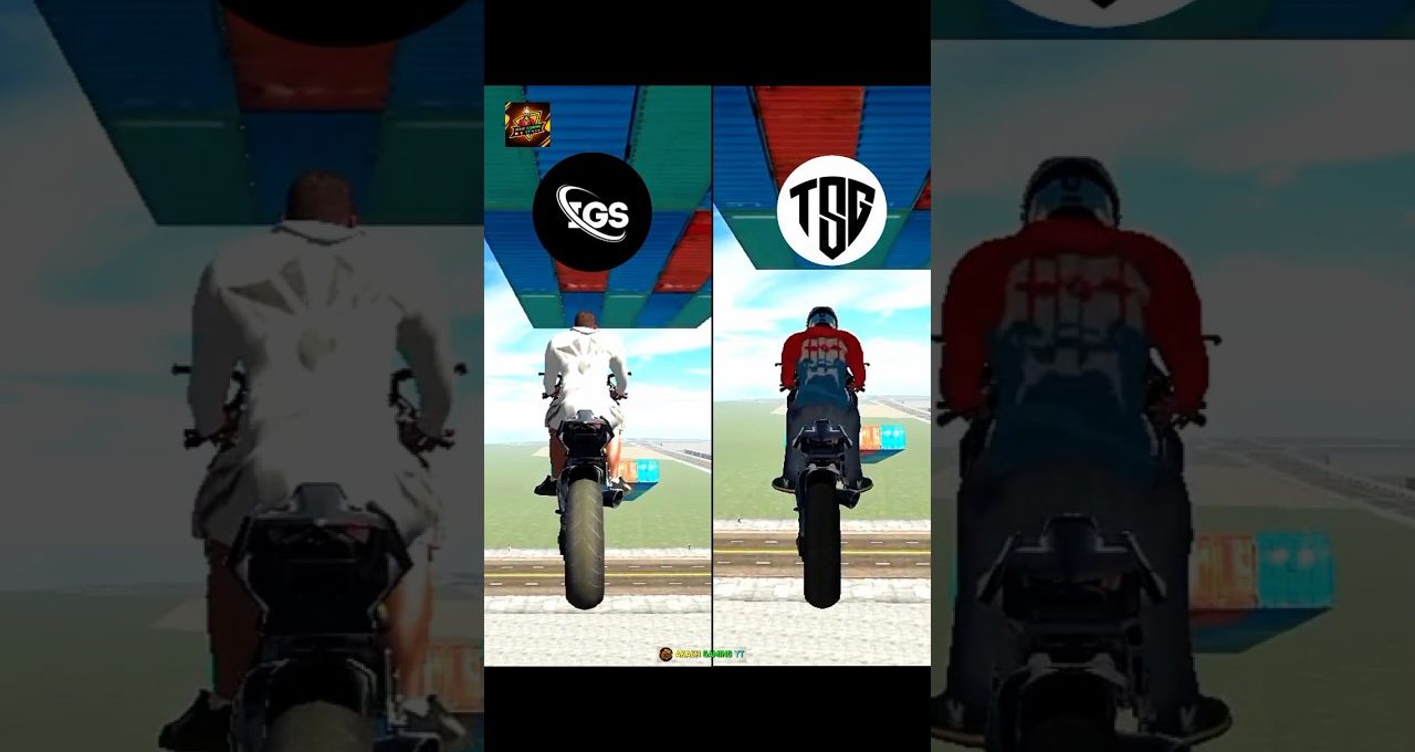 Split-screen video game scene showing two motorcyclists racing on floating platforms