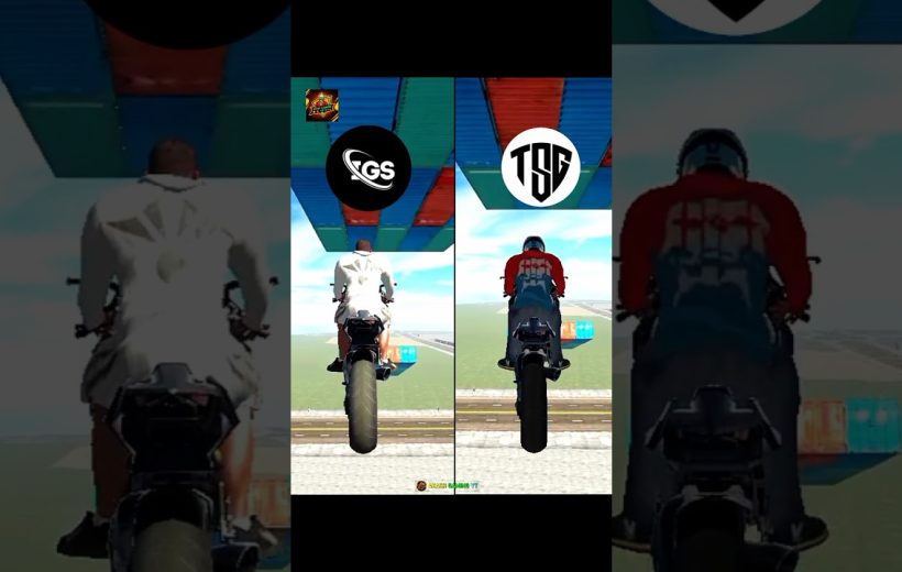Split-screen video game scene showing two motorcyclists racing on floating platforms