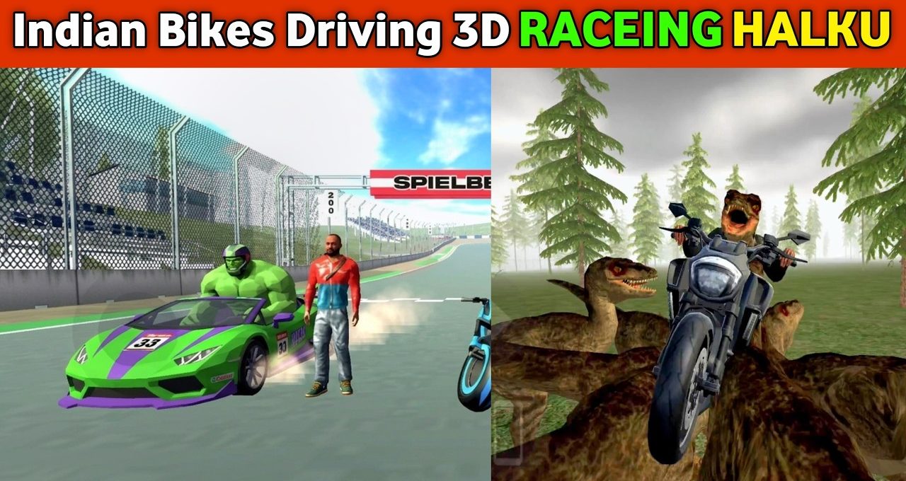 Split-screen game scene showing a superhero driver by a racecar and dinosaur biker