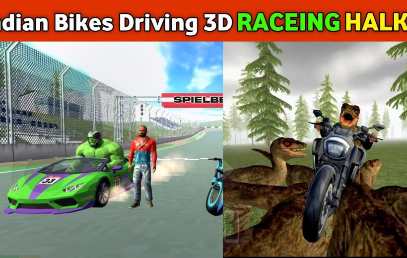 Split-screen game scene showing a superhero driver by a racecar and dinosaur biker