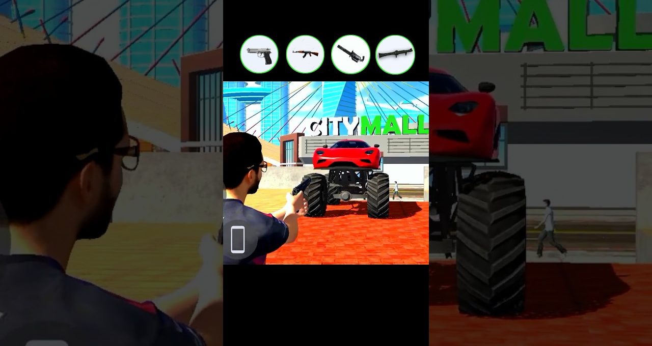 Man aiming handgun at red monster truck parked outside a shopping mall entrance.