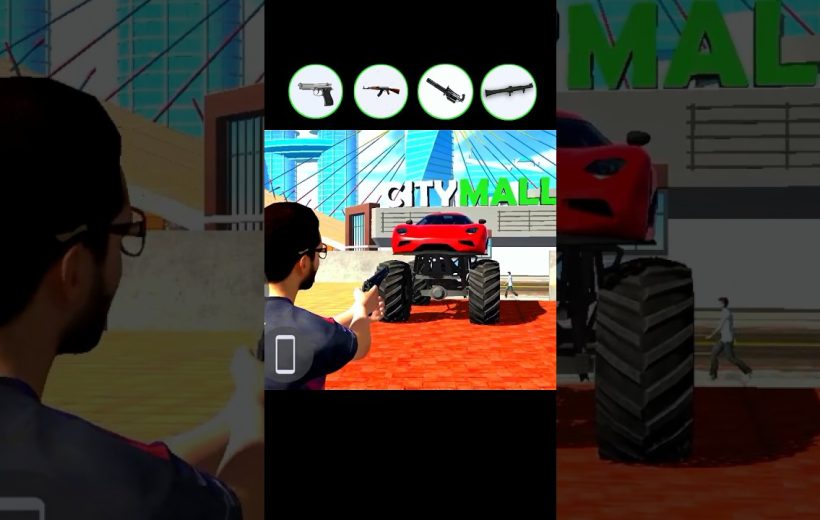 Man aiming handgun at red monster truck parked outside a shopping mall entrance.