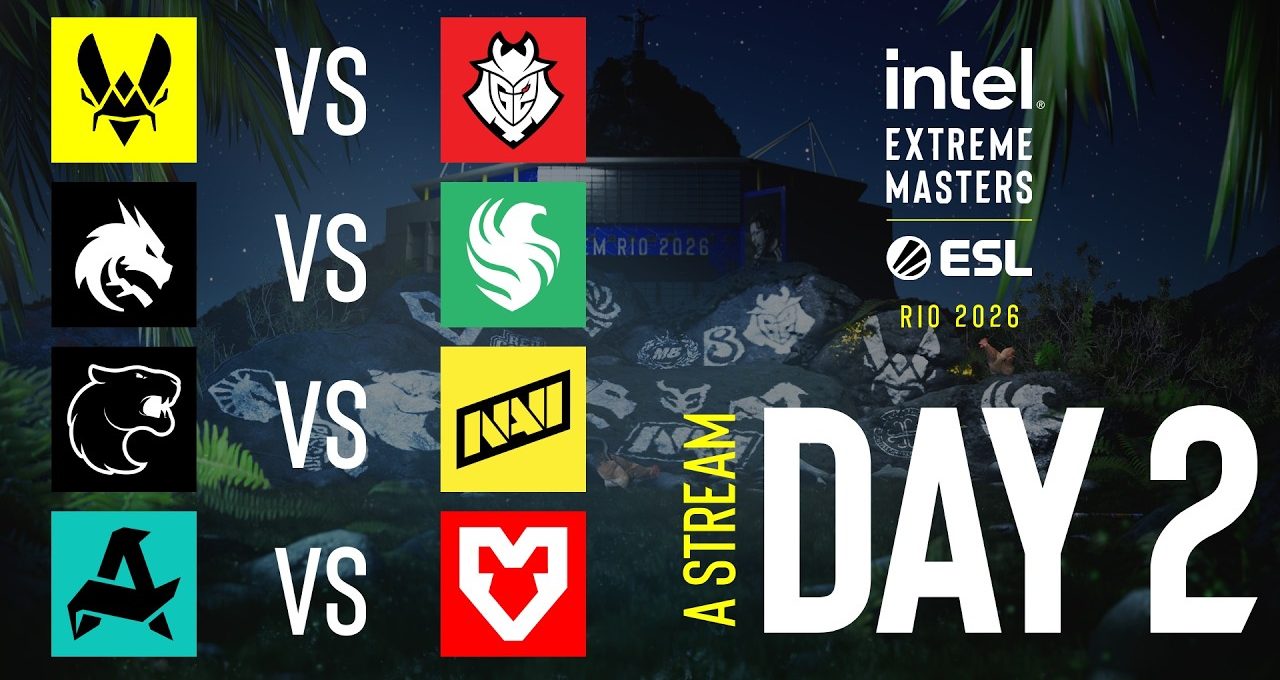 Nighttime Rio esports poster showing four team matchups and Intel Extreme Masters branding