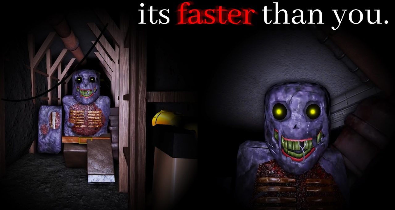 Purple, decayed animatronic with glowing yellow eyes lurking in a dark corridor.