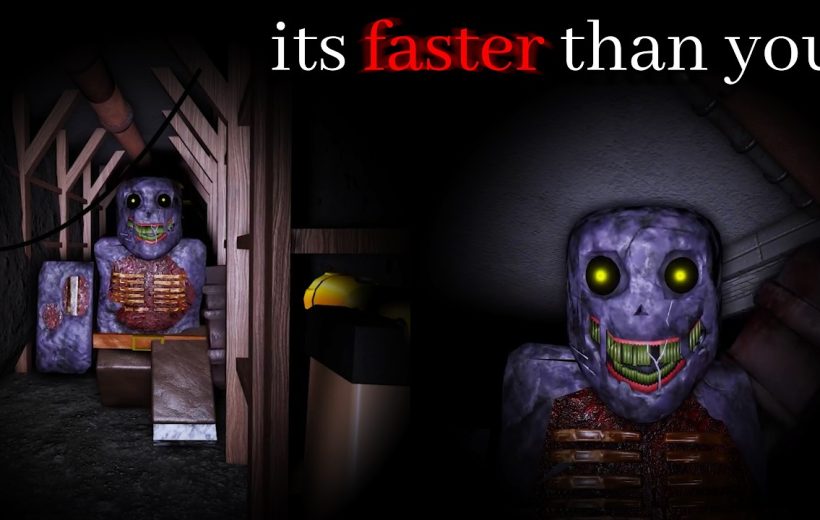 Purple, decayed animatronic with glowing yellow eyes lurking in a dark corridor.